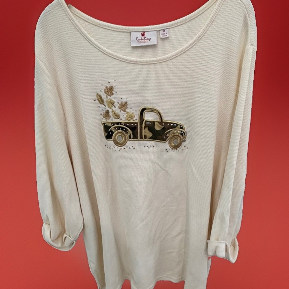 Quacker Factory 3X Ivory Waffle Knit Top Embellished Camo Truck Fall Autumn Leaf